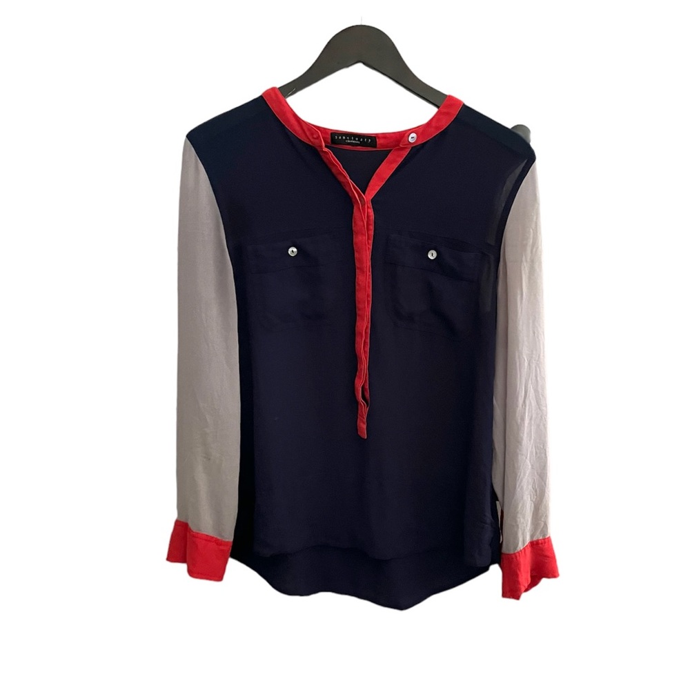 ANTHROPOLOGIE sanctuary sheer color block blouse blue red size M